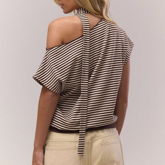 Multicolor Women's Asymmetrical Shoulder Slouch Stripe Scarf Detail blouse - Picture 3 of 5